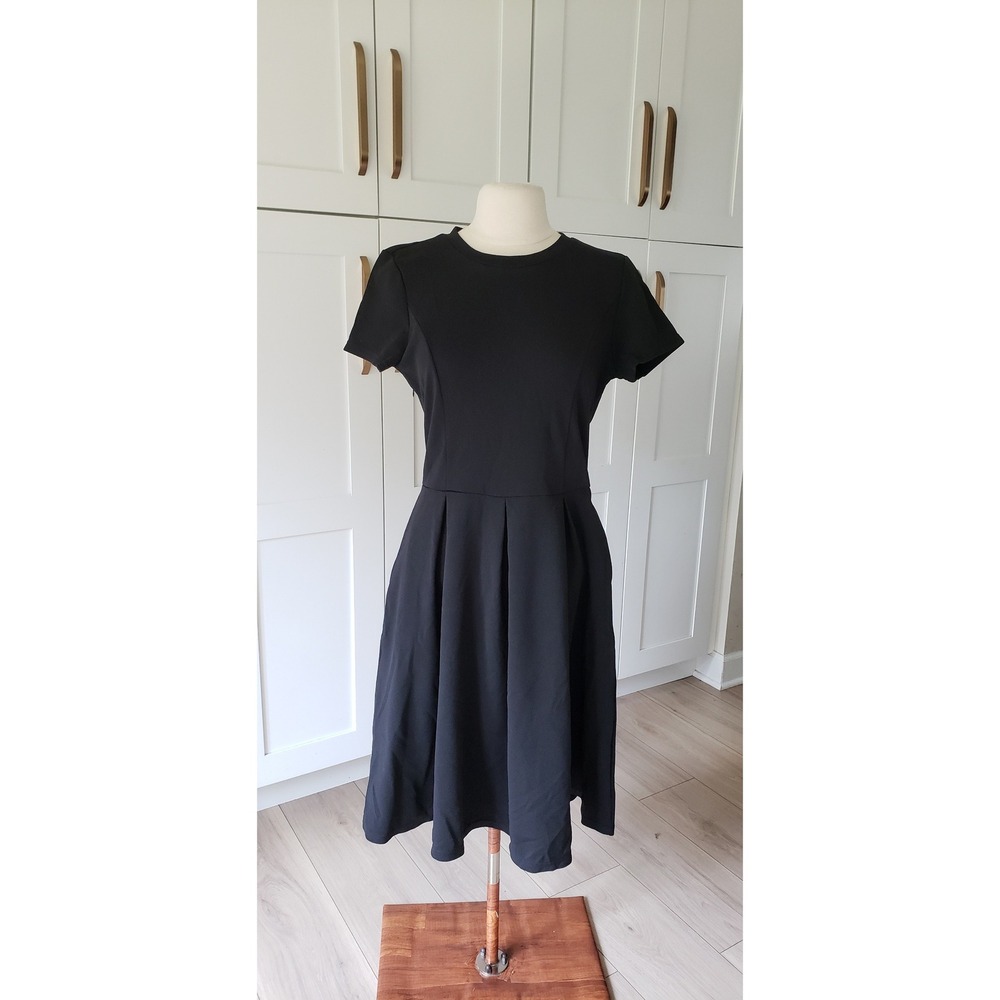 Oxiuly Dress Womens M Black Pleated A Line Flare Vintage Mini Minimalist Career